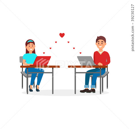 Young man and woman in love chatting using laptop 39230127