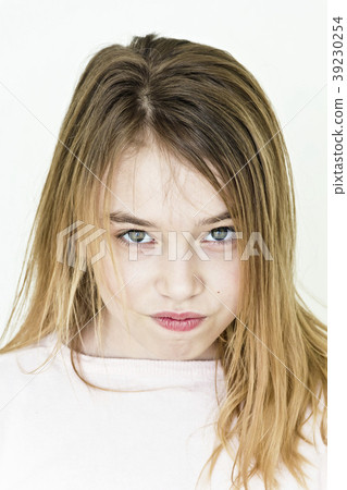 Sinister girl with blond long hair in pink clothes 39230254