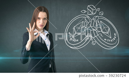 Beauty young business woman standing near sketches Beauty young business woman standing near sketches 39230724
