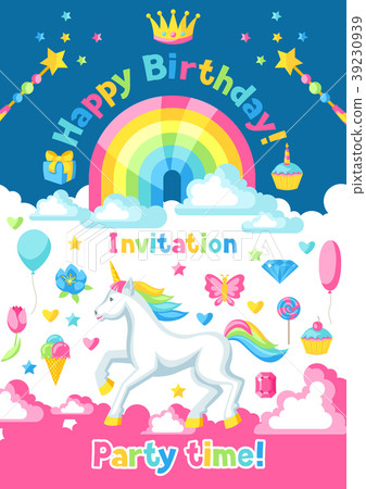 Happy birthday party invitation with unicorn and 39230939