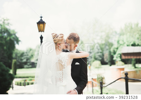Romantic, fairytale, happy newlywed couple hugging 39231528