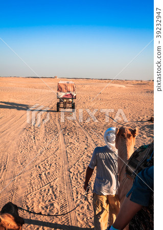 Beduins leading tourists on camels at short Beduins leading tourists on camels at short 39232947