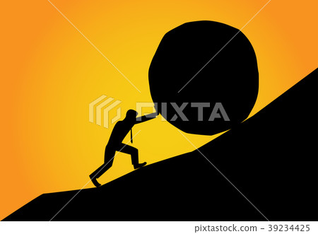 Man trying to move big stone ball to top of hill Man trying to move big stone ball to top of hill 39234425