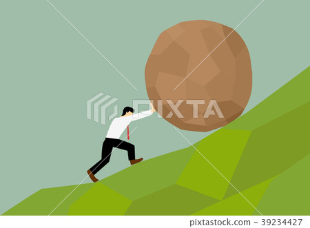Man trying to move big stone ball to top of hill Man trying to move big stone ball to top of hill 39234427