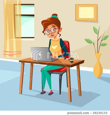 Vector cartoon woman freelancer, student laptop 39239133