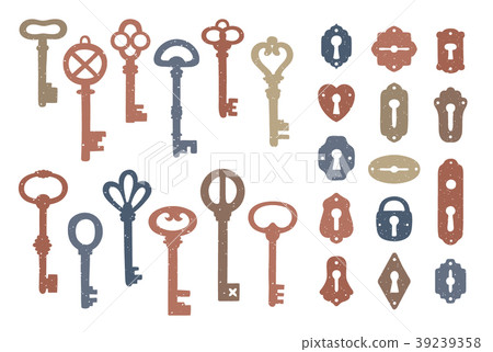 Vintage colorful keys and keyholes collection. Vintage colorful keys and keyholes collection. 39239358