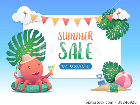 Cute red octopus on summer sale background 39240926