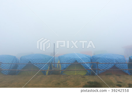 Travel tent in the morning with fog Travel tent in the morning with fog 39242558