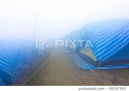 Travel tent in the morning with fog Travel tent in the morning with fog 39242563