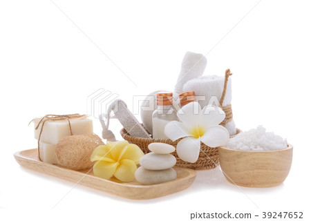 Spa wellness concept,white candle,milk soap,salt 39247652