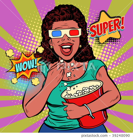 woman in 3D glasses watching a movie, smiling and 39248090