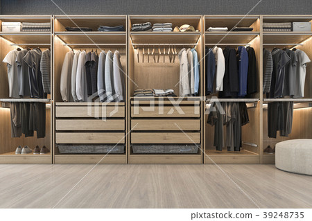 white wood walk in closet with wardrobe 39248735
