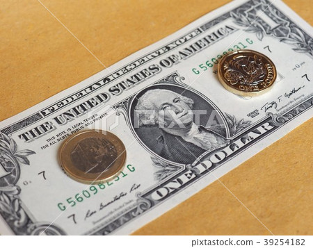 1 pound and 1 euro coin, and one dollar note 1 pound and 1 euro coin, and one dollar note 39254182