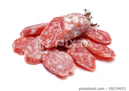 Dried organic salami sausage on white background 39254631
