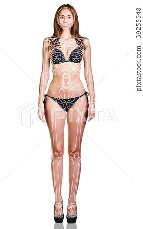 Young woman with paint skeleton on her body. Young woman with paint skeleton on her body. 39255948