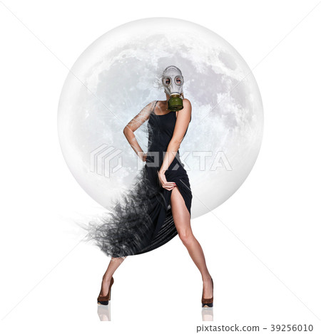 Stylish young woman in gas mask over full moon Stylish young woman in gas mask over full moon 39256010