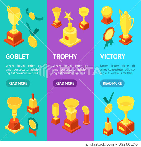 Trophy Cups Awards Banner Vecrtical Set Isometric