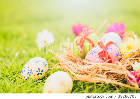 Closeup Colorful Easter eggs in nest Closeup Colorful Easter eggs in nest 39260705