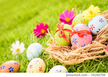 Closeup Colorful Easter eggs in nest  39260706