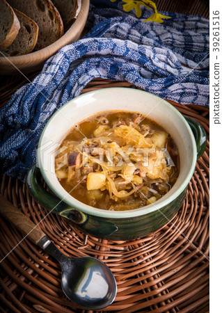 Traditional russian sour cabbage soup. Traditional russian sour cabbage soup. 39261516