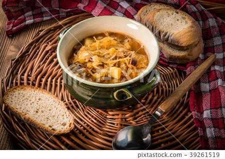Traditional russian sour cabbage soup. Traditional russian sour cabbage soup. 39261519