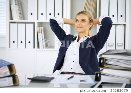 Happy business woman or female accountant having 39263079