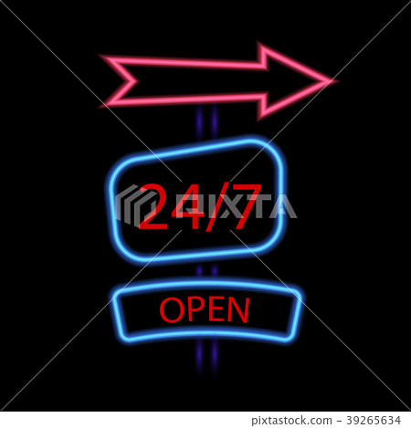 Neon Poster 24 7 Is Open On A Black Background Stock Illustration