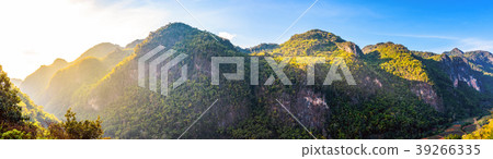 Panorama of high mountains peaks at sunset 39266335