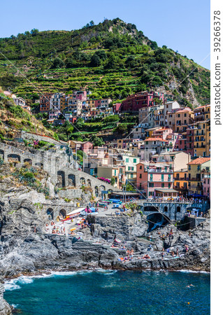 Village of Manarola with ferry, Cinque Terre, Village of Manarola with ferry, Cinque Terre, 39266378
