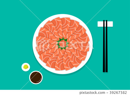 Top view, Sashimi salmon on white plate, vector Top view, Sashimi salmon on white plate, vector 39267382