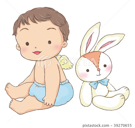 Toddler and rabbit doll sitting on the ground 39270655