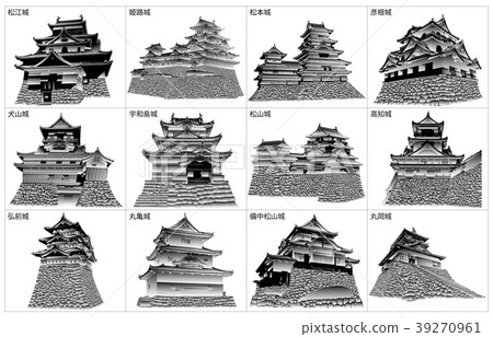 Japanese castle extant tower black and white 39270961