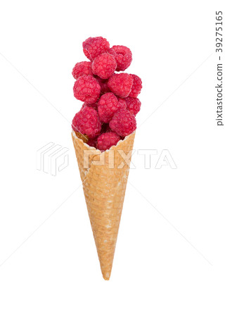 Waffle ice cream cone with fresh raspberry fruits Waffle ice cream cone with fresh raspberry fruits 39275165