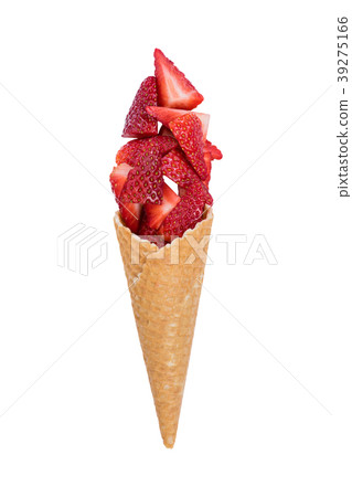 Waffle ice cream cone with fresh strawberry fruits 39275166