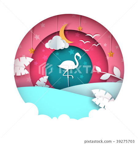 Flamingo illustration. Cartoon paper landscape. Flamingo illustration. Cartoon paper landscape. 39275703