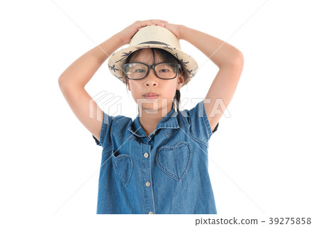 Little girl with hat on a white background. 39275858