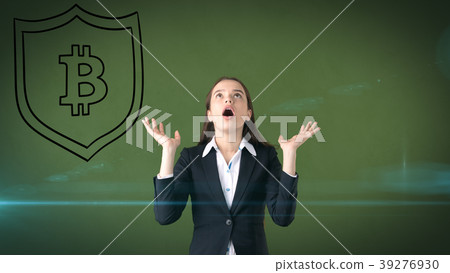 Beauty business woman standing near btc logo Beauty business woman standing near btc logo 39276930