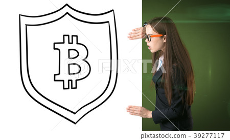 Beauty business woman standing near btc logo 39277117