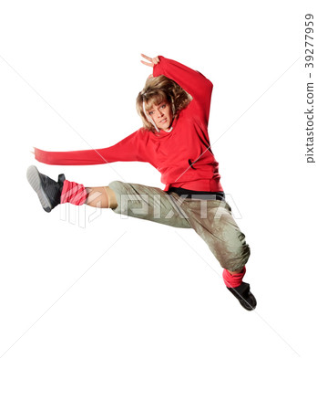 Teenager dancing breakdance in action over white 39277959