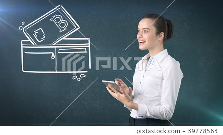 Lucky cute lady and bitcoin investment. Concept of 39278563