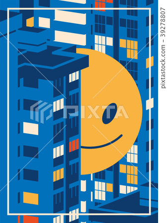 Nigth cityscape and giant smiley emoji between the 39278807