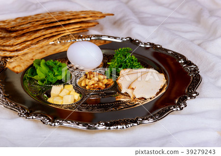 Passover background with wine bottle, matzoh, Passover background with wine bottle, matzoh, 39279243