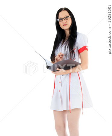 female doctor standing with clipboard over white 39281505