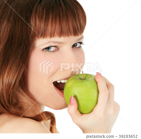 woman eating a green apple isolated over white woman eating a green apple isolated over white 39283652