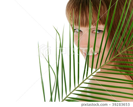 Pretty female behind palm leaf over white Pretty female behind palm leaf over white 39283653