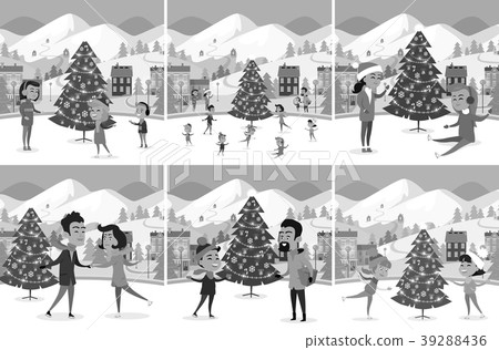 Monochrome Set of Happy People Ice-skating on Rink Monochrome Set of Happy People Ice-skating on Rink 39288436
