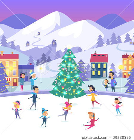 People of Different Ages Skating on Ice in Town 39288556