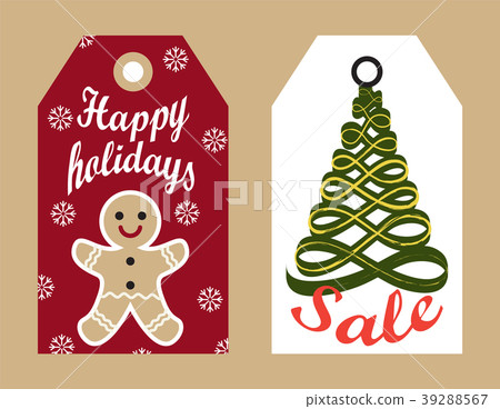 Happy holidays sale labels hanging promo stickers 39288567