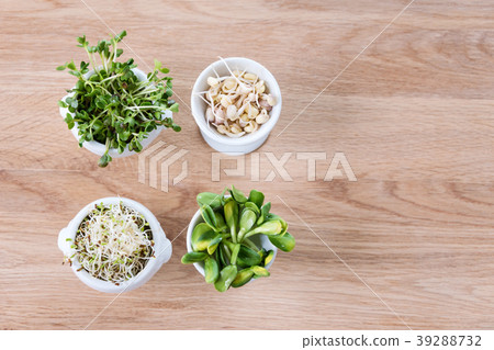 Different types of micro greens in white bowls for Different types of micro greens in white bowls for 39288732