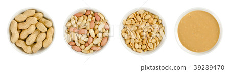 Peanuts in white porcelain bowls over white Peanuts in white porcelain bowls over white 39289470